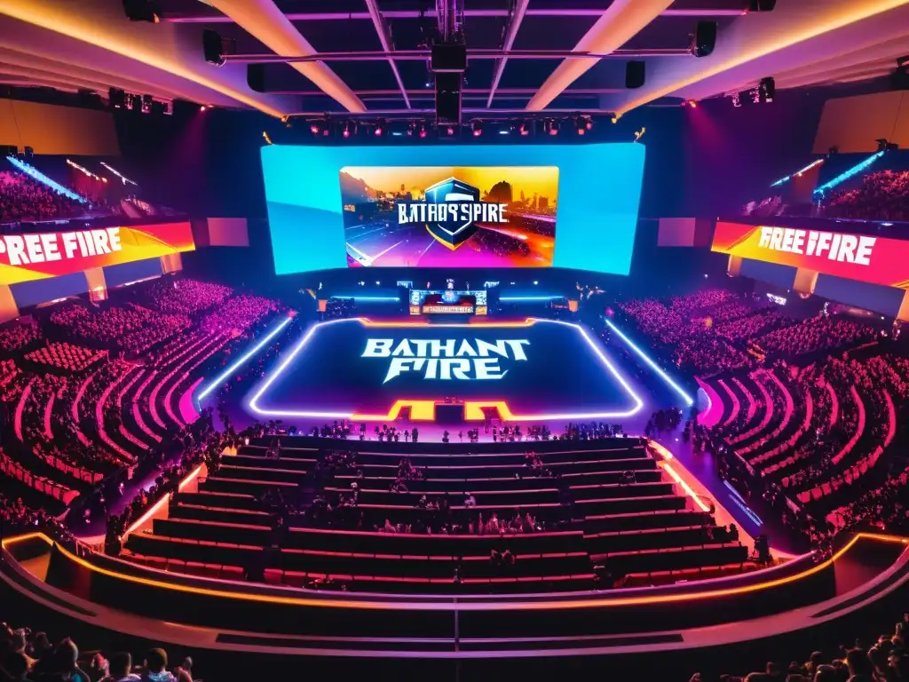 Espectacular arena de esports de Free Fire en vivo Vista aérea detallada de la enorme arena de esports de Free Fire, vibrante y llena de fans entusiastas