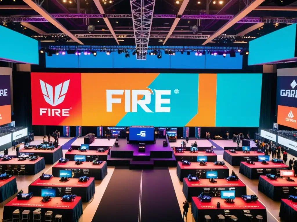 Vista aérea detallada de la organización de eventos Free Fire en un centro de convenciones, con equipos y entusiastas preparando el torneo