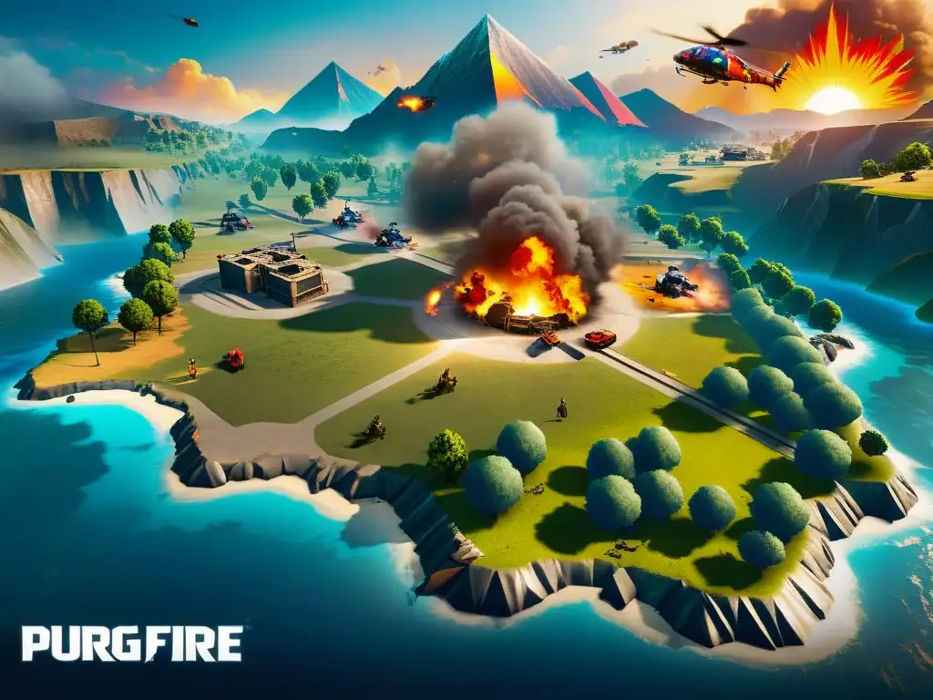 Batalla estratégica al atardecer en el Purgatorio de Free Fire Vista aérea intensa del mapa Purgatorio en Free Fire, con estrategias secretas y jugadores preparados para el combate