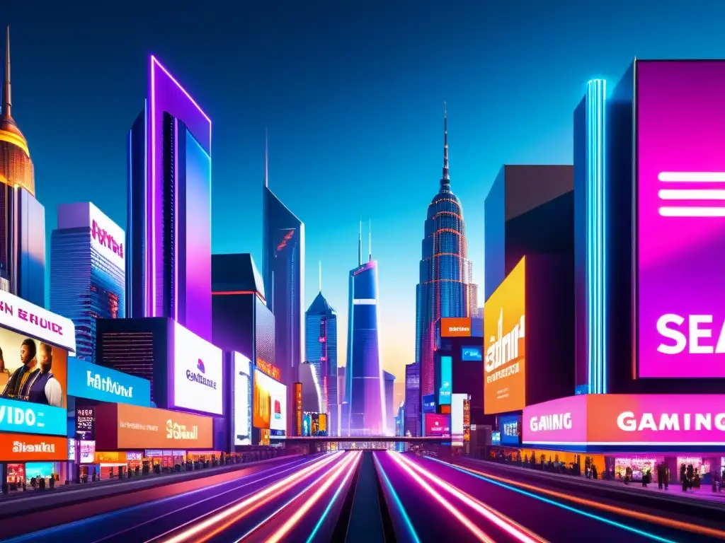 Metrópolis futurista: detalle ultramoderno de la ciudad de los videojuegos Vista detallada de un mundo futurista de videojuegos con rascacielos metálicos y neón, mostrando la integración de publicidad nativa en gaming