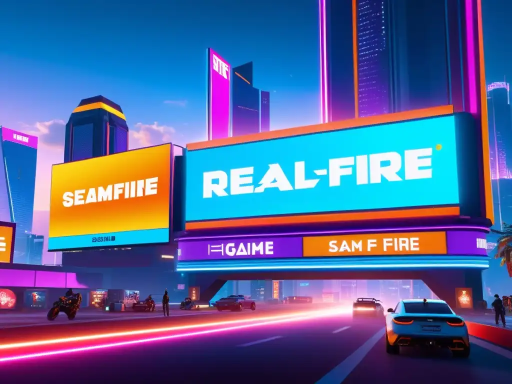 Escenario futurista con anuncios integrados de Free Fire Vista futurista de la ciudad con rascacielos y luces de neón, mostrando publicidad ingame en Free Fire