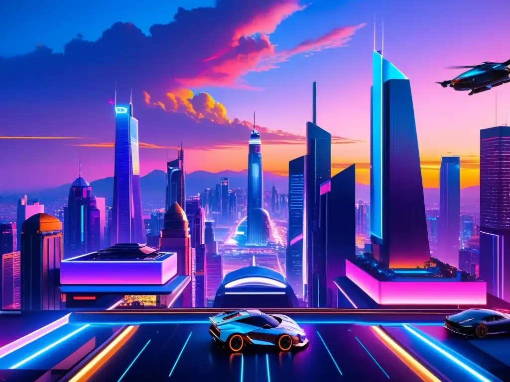 Metrópolis futurista: tecnología y movimiento en la noche Vista futurista de la ciudad al anochecer, con rascacielos iluminados por luces de neón