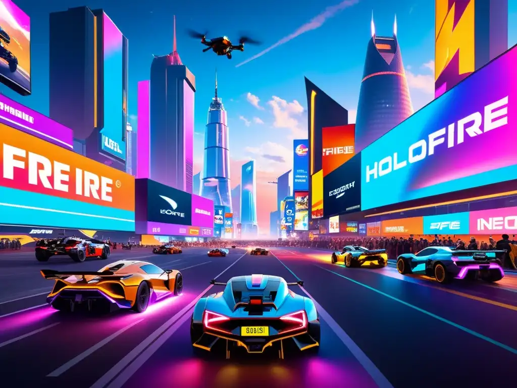Futurista ciudad nocturna: jugadores de Free Fire en un escenario digital Vista nocturna de una ciudad futurista con publicidad ingame en Free Fire, donde gamers compiten entre hologramas y luces neón